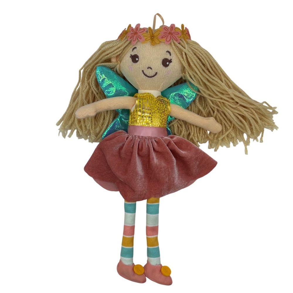 Hopscotch Lane Aura Fairy Plush Doll Blonde Yarn Hair Sequin Velvet Wings 14"